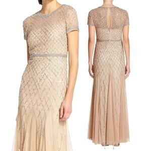 Adrianna Papell Gown Beaded Mesh Diamond Pattern Short Sleeve Champagne 6 Petite